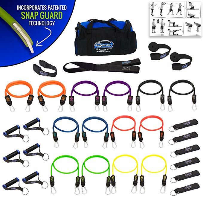 BODYLASTICS 31 PCS PREMIUM Resistance Bands Set. Includes 14 Best Quality ANTI-SNAP bands, heavy Duty Components: Anchors/Handles/Ankle Straps, and exercise training resources