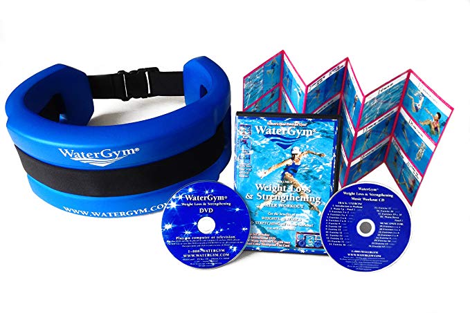 WaterGym Water Aerobics Float Belt for Aqua Jogging and Deep Water Exercise with Weight Loss Workout DVD/Music CD/Cue Card - Size SMALL-Blue