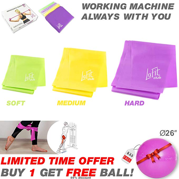 LAFIT CLUB Resistance Exercise Workout Bands & Free Fit Ball - 3 Resistance Bands Set - Physical Therapy Bands - Stretch Bands - Yoga Gym Leg Resistance Bands - Exercise Resistance Bands for Women