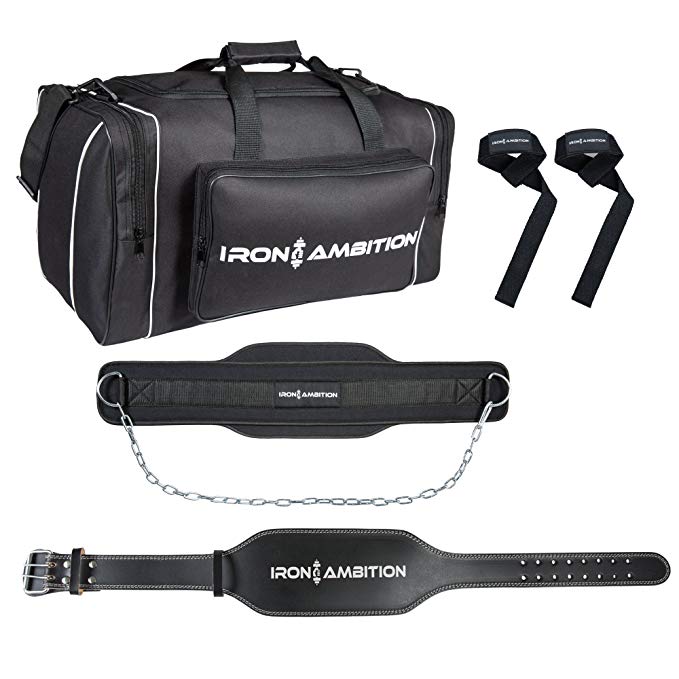 Iron Ambition's Complete Weightlifting Bundle [4 Items]: Heavy Duty Gym Bag, Genuine Leather Weightlifting Belt, Dip Belt With Chain & Padded Wrist Straps | Perfect Fitness Gift